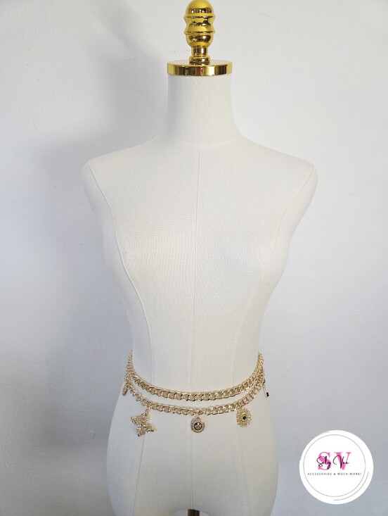 Accessories - Gold Layered Chain Belt With Charm Decor
